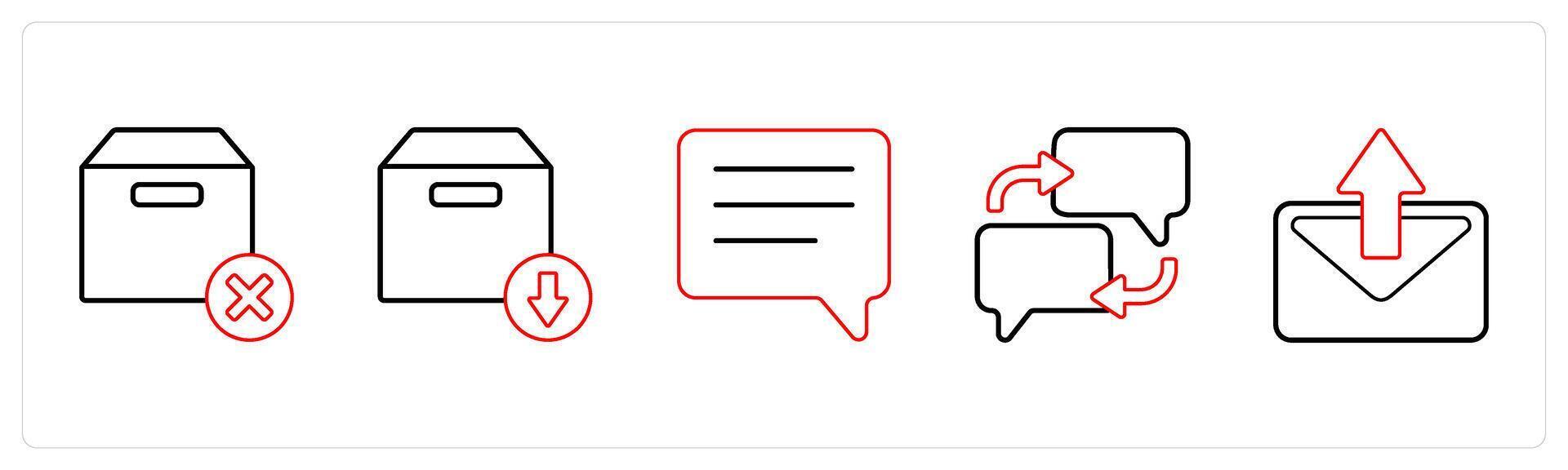 A set of 5 mix icons as delete box, download box, chat in red line color vector