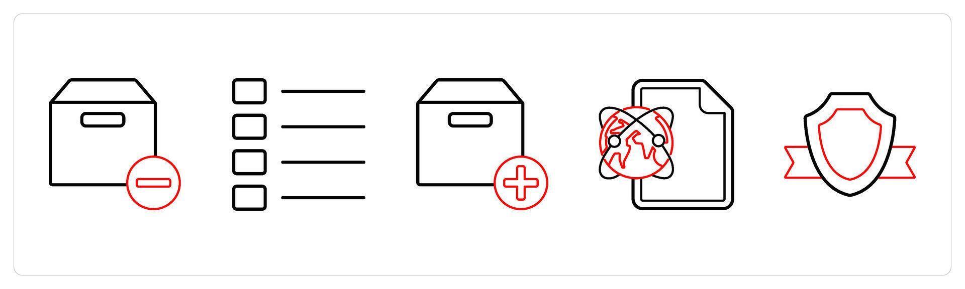 A set of 5 mix icons as remove box, nav menu, add box in red line color vector