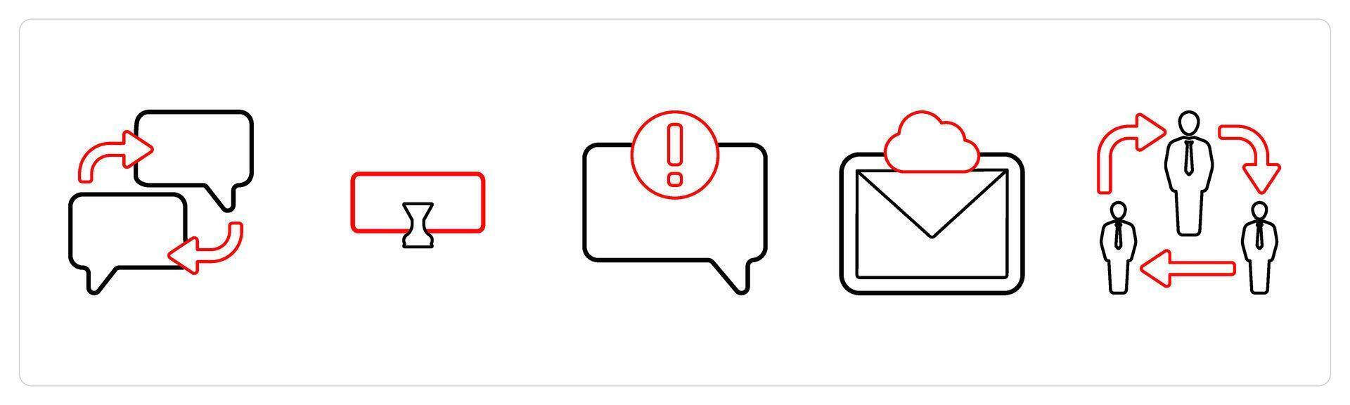 A set of 5 mix icons as communication, designation patch, error in comment in red line color vector