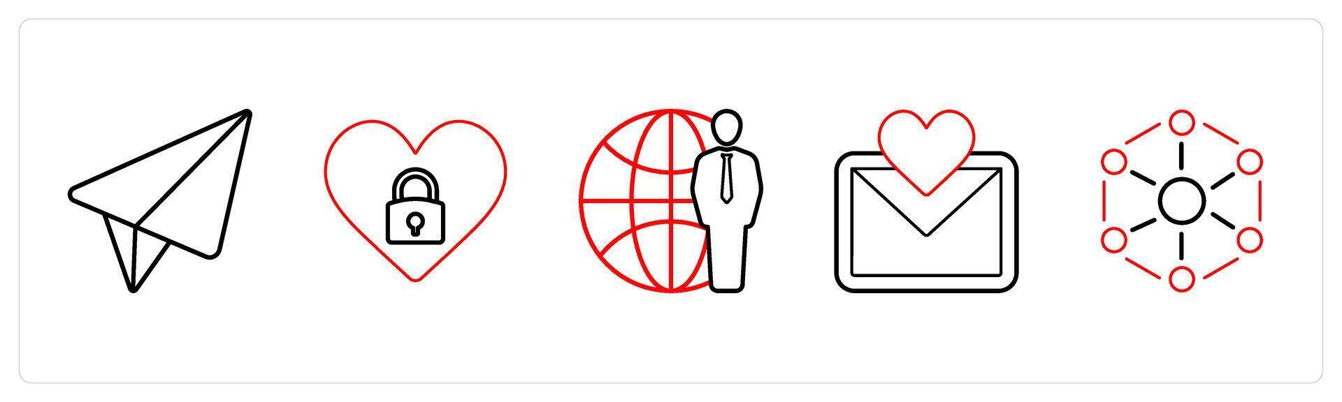 A set of 5 mix icons as message, secret romance, global service in red line color vector