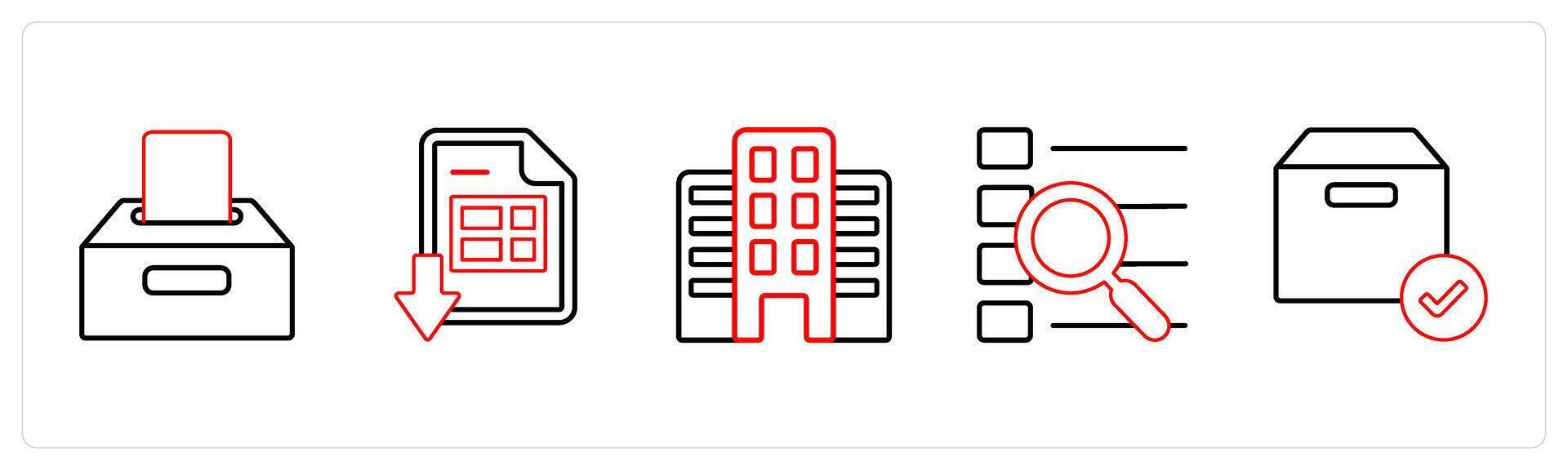 A set of 5 mix icons as save in drive, download excel sheet, building in red line color vector