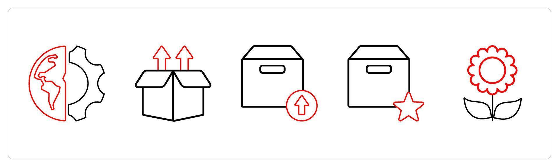 A set of 5 mix icons as global setting, upload box, upload package in red line color vector