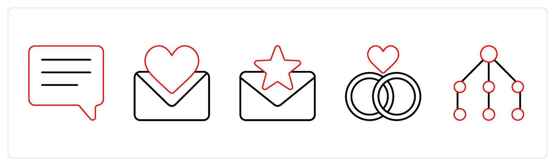 A set of 5 mix icons as chat, favorite message, relationship in red line color vector
