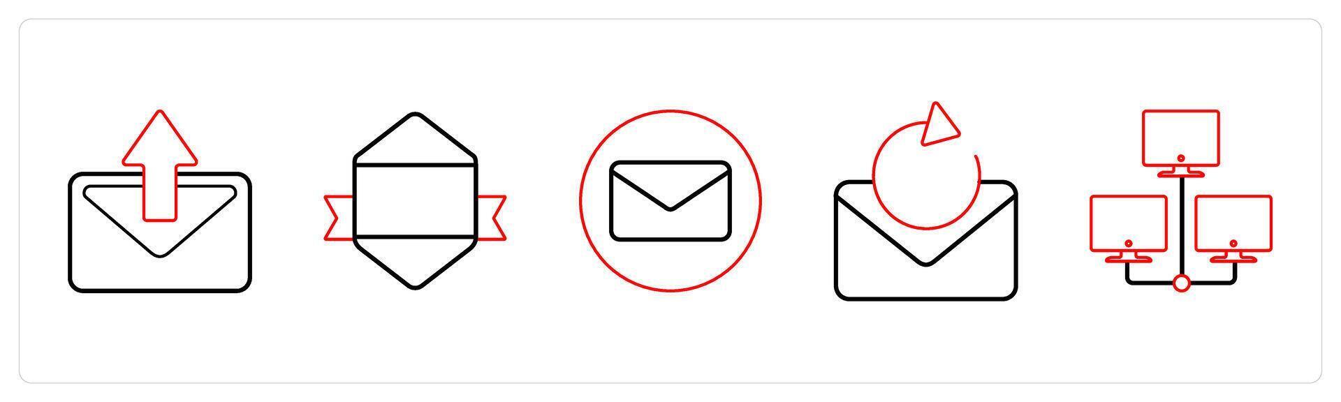 A set of 5 mix icons as forward message, designation, envelope in red line color vector