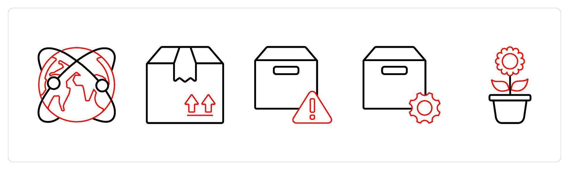 A set of 5 mix icons as global network, forward parcel, box information in red line color vector