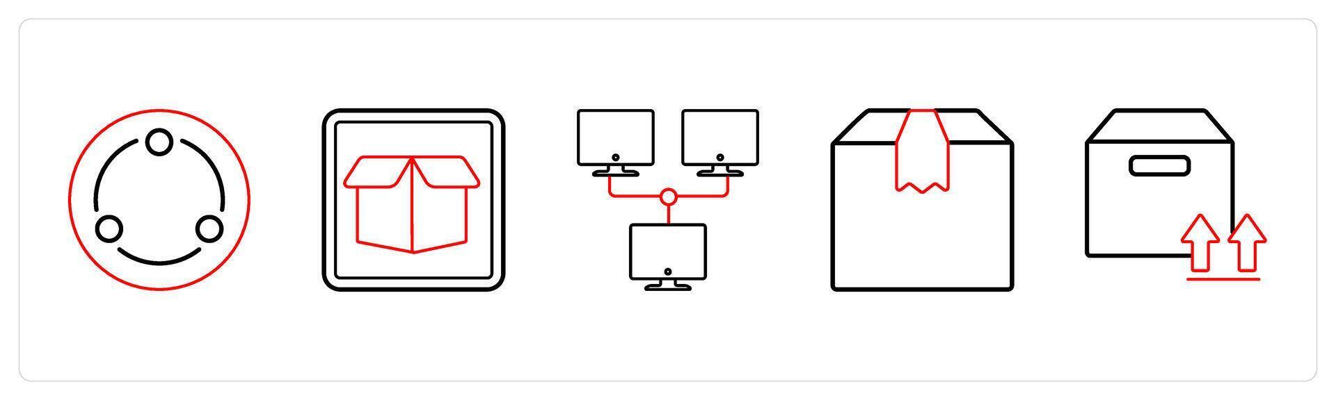 A set of 5 mix icons as network, drop box, parcel in red line color vector