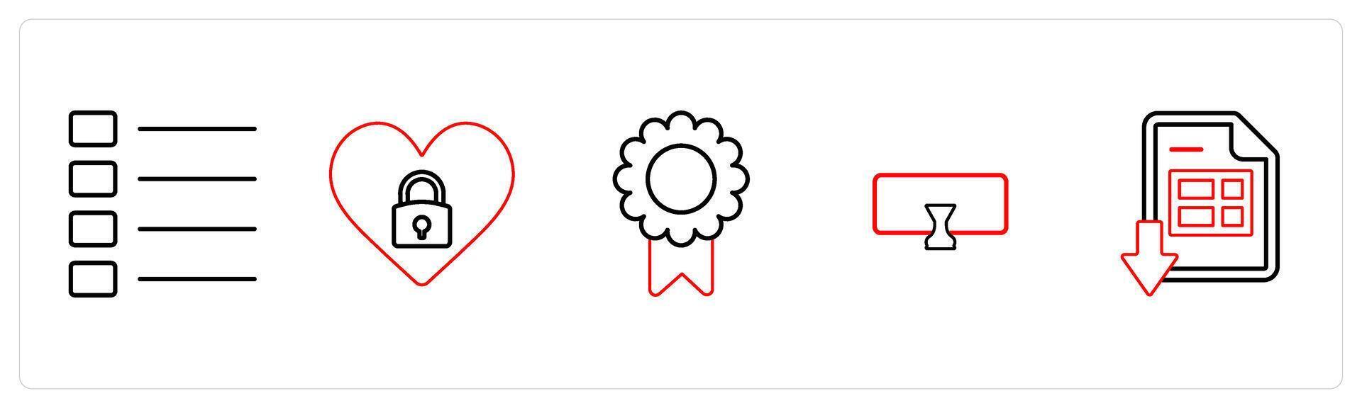 A set of 5 mix icons as nav menu, secret romance, brouche in red line color vector