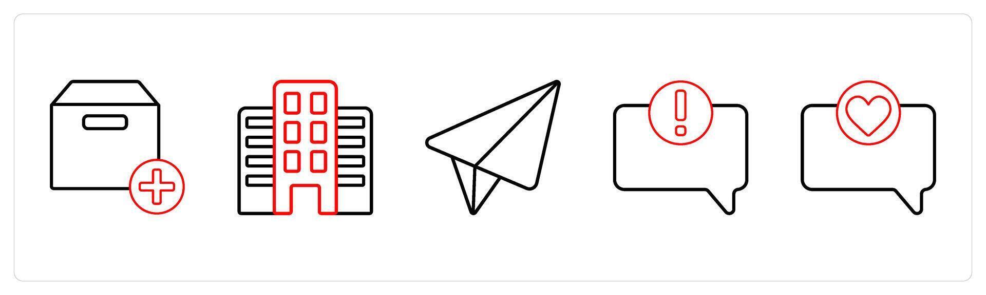 A set of 5 mix icons as add box, building, message, error in comment in red line color vector