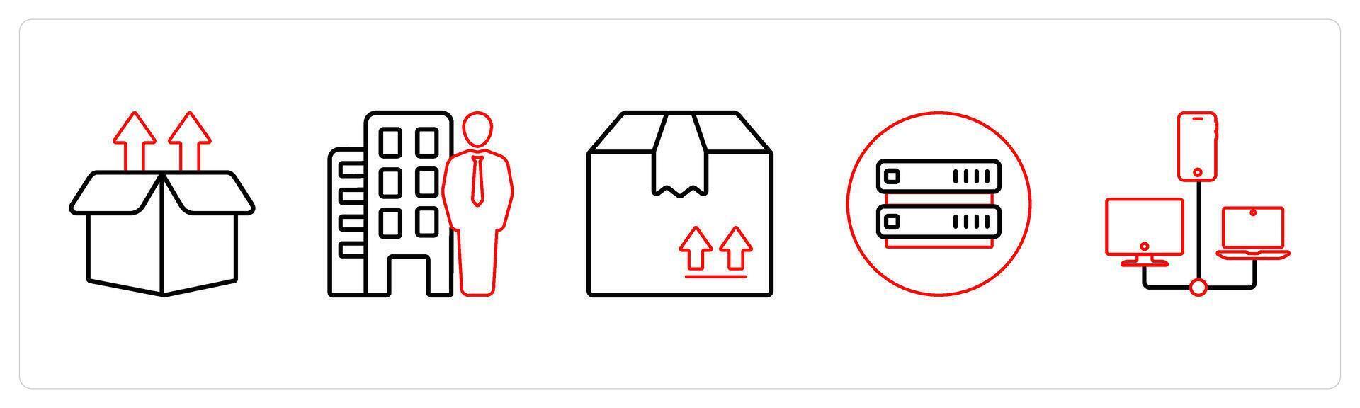 A set of 5 mix icons as upload box, property dealer, forward parcel in red line color vector
