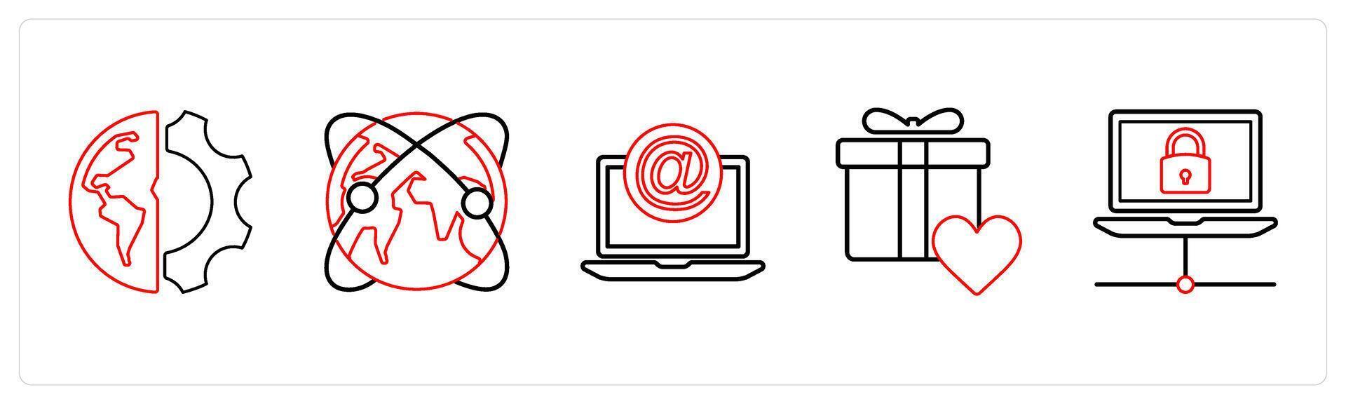 A set of 5 mix icons as global setting, global network, mention in red line color vector