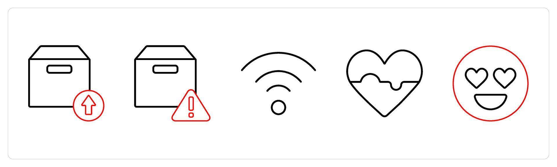 A set of 5 mix icons as upload package, box information, wifi in red line color vector