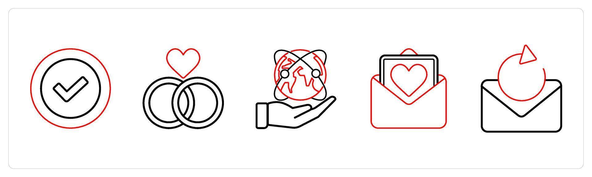 A set of 5 mix icons as verify, relationship, save earth in red line color vector