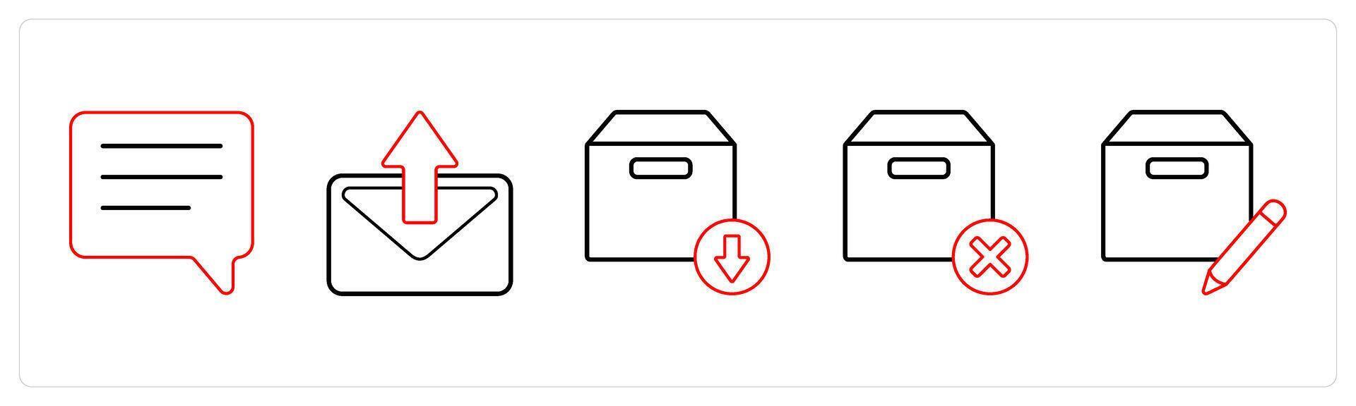 A set of 5 mix icons as chat, forward message, download box in red line color vector