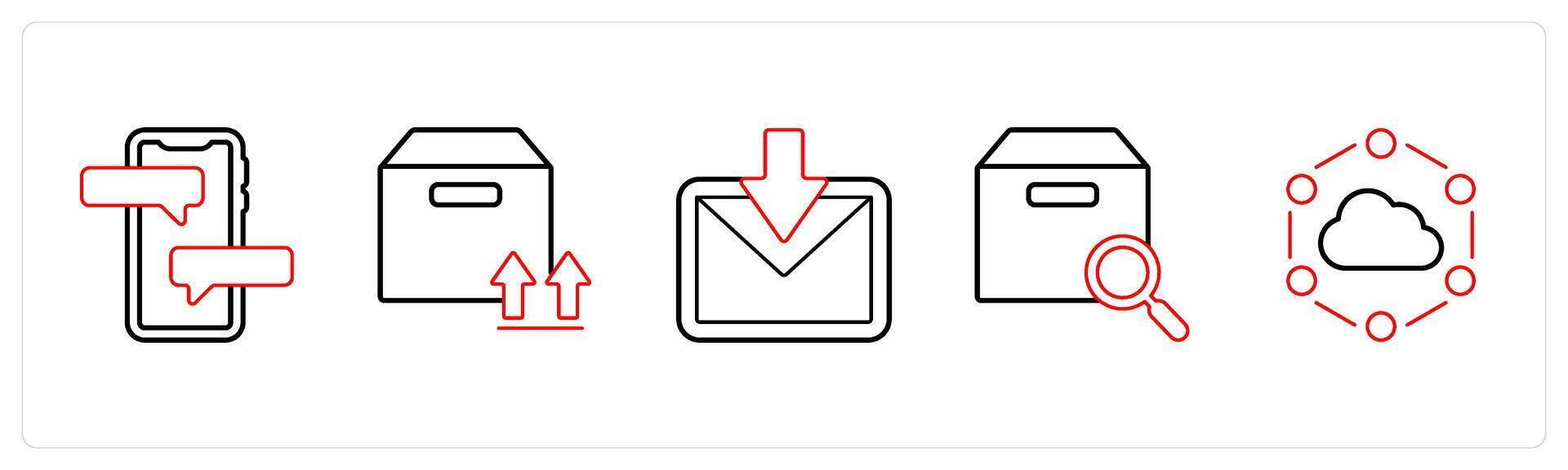A set of 5 mix icons as chat, upload folder, received mail in red line color vector