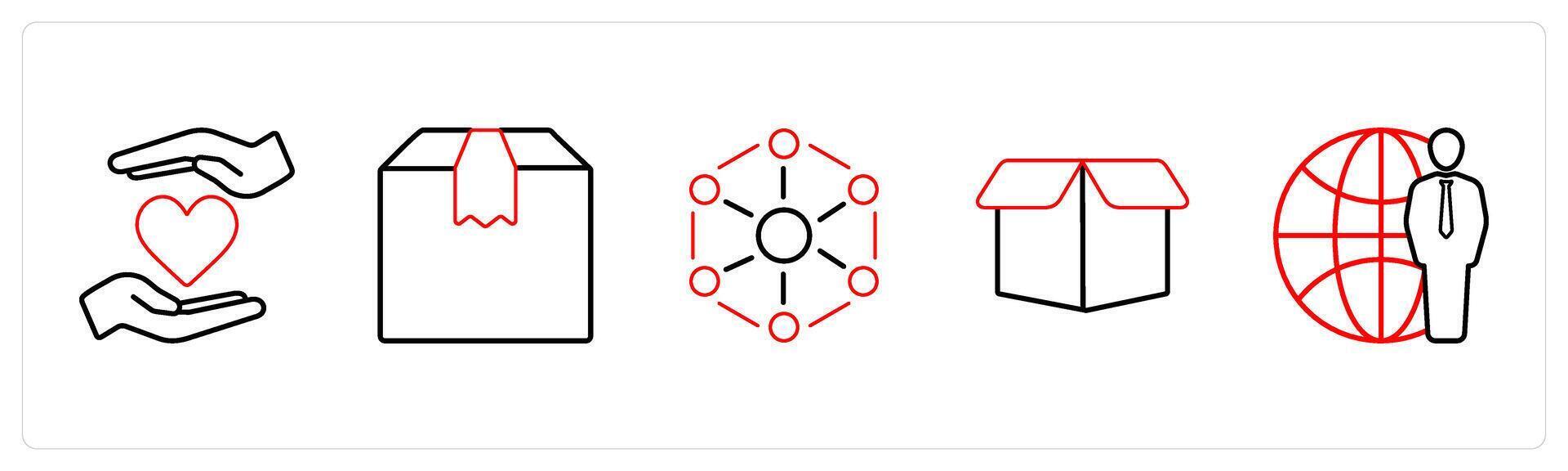 A set of 5 mix icons as favorite, parcel, connection, drop box in red line color vector