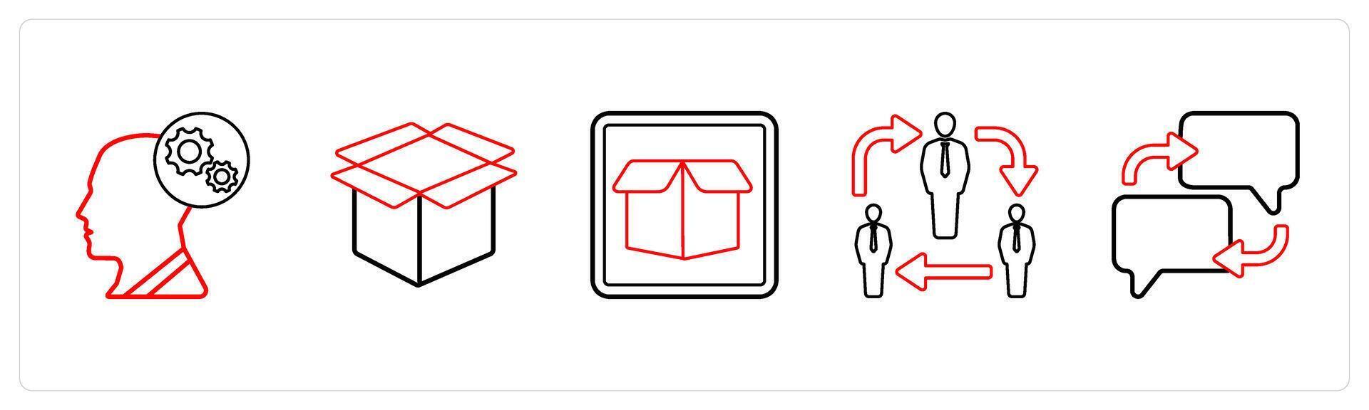 A set of 5 mix icons as optimization, box, drop box in red line color vector