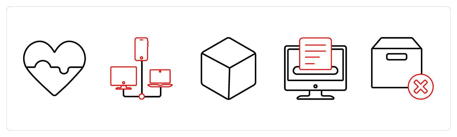 A set of 5 mix icons as favorite, connection, box in red line color vector