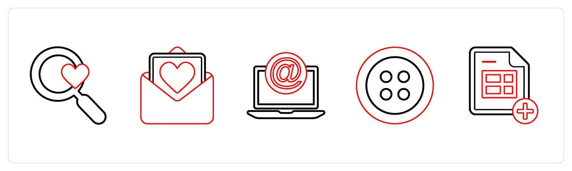 A set of 5 mix icons as favorite search, mail, mention in red line color vector