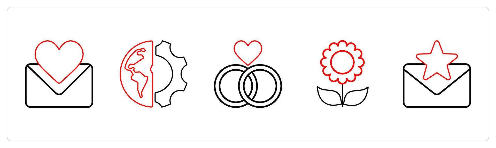 A set of 5 mix icons as favorite message, global setting, reletionship in red line color vector