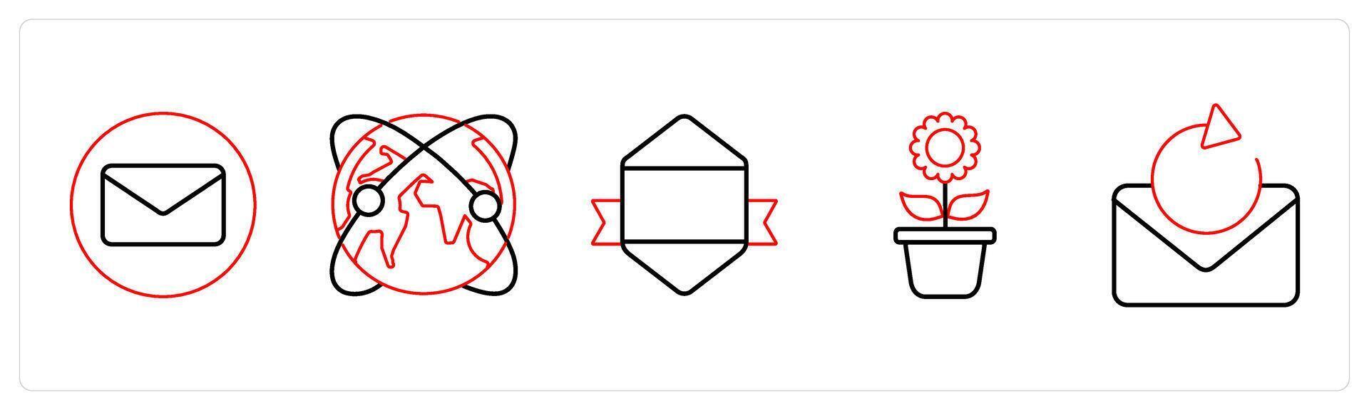 A set of 5 mix icons as envelope, global network, designation in red line color vector