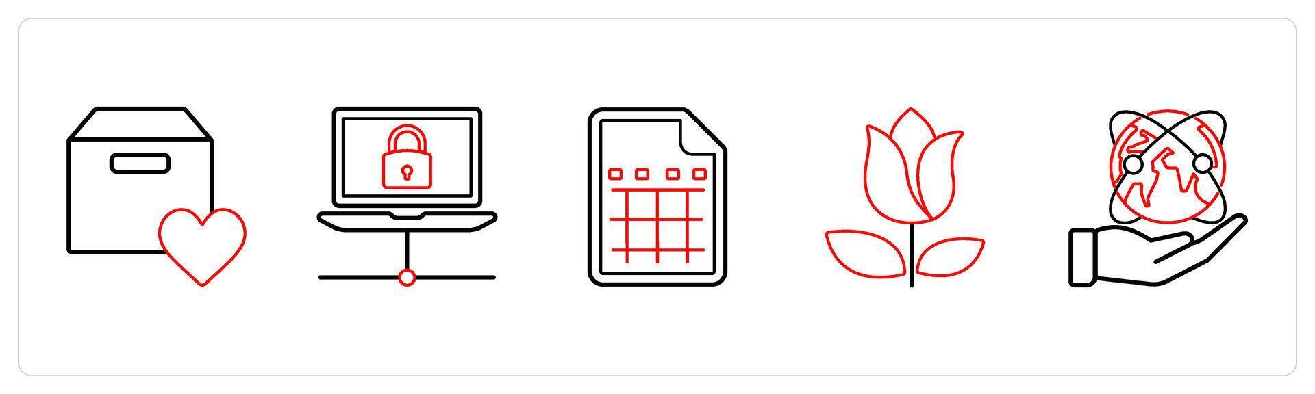 A set of 5 mix icons as favorite box, connection, excel sheet in red line color vector