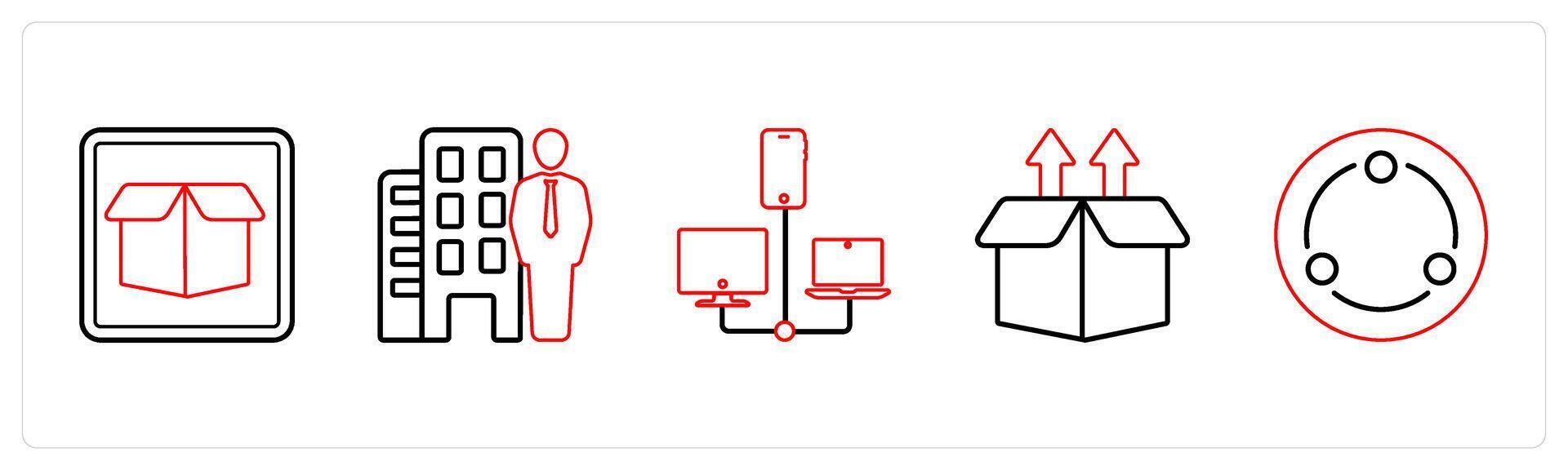 A set of 5 mix icons as drop box, property dealer, connection in red line color vector