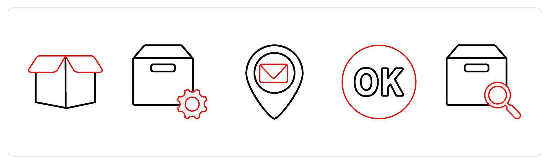 A set of 5 mix icons as drop box, box setting, message location in red line color vector