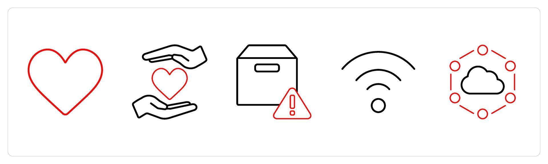 A set of 5 mix icons as heart, favorite, box information, in red line color vector