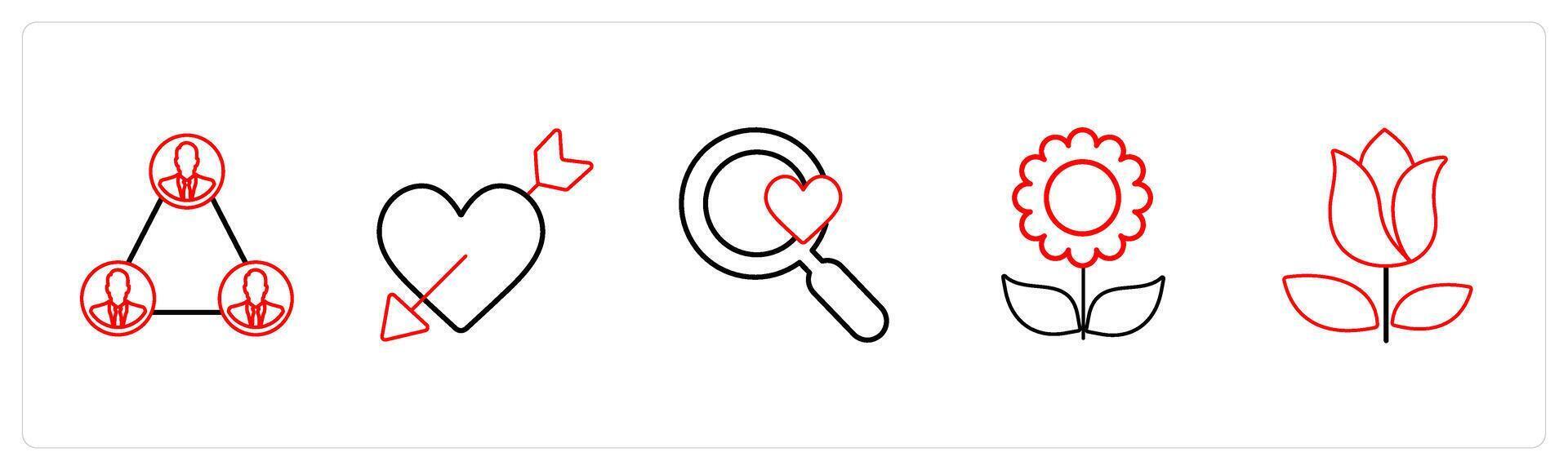 A set of 5 mix icons as network, falling in love, favorite search in red line color vector