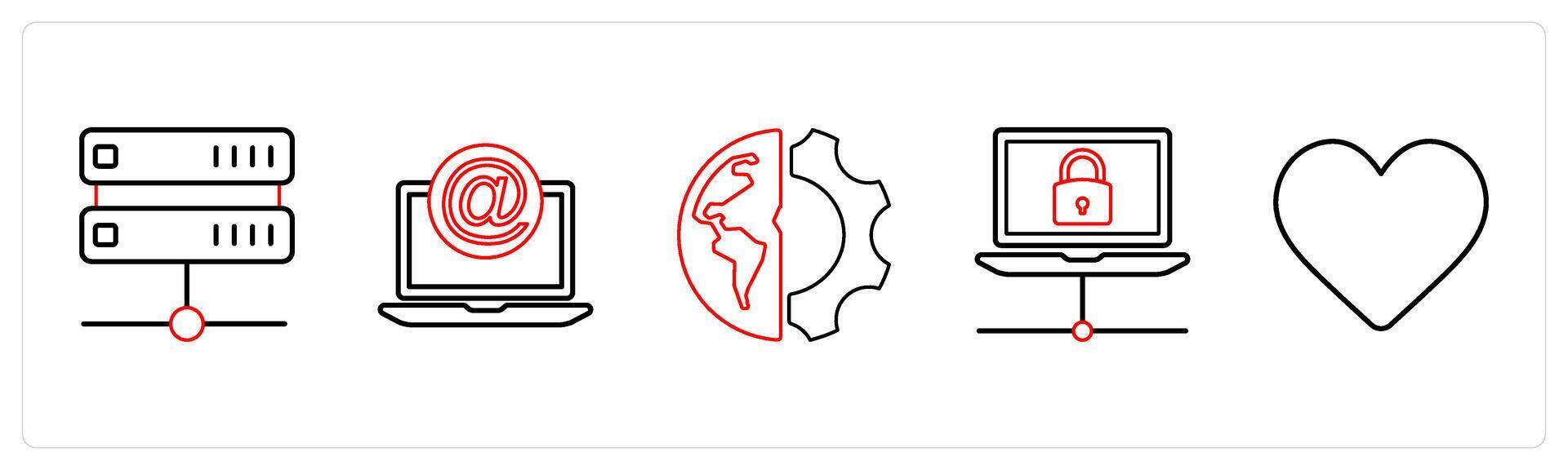 A set of 5 mix icons as drive, mention, global setting, connection in red line color vector