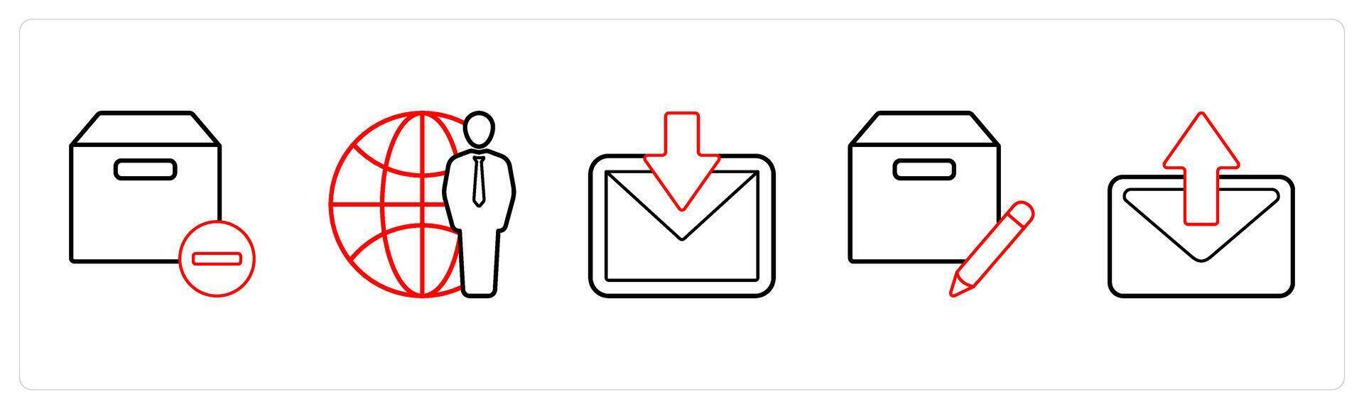 A set of 5 mix icons as remove box, global service, received mail in red line color vector