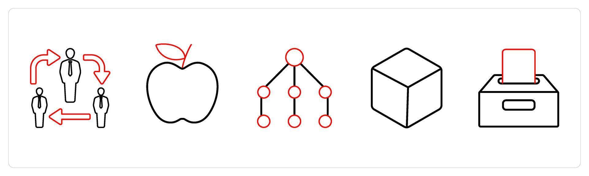 A set of 5 mix icons as network, apple, box in red line color vector