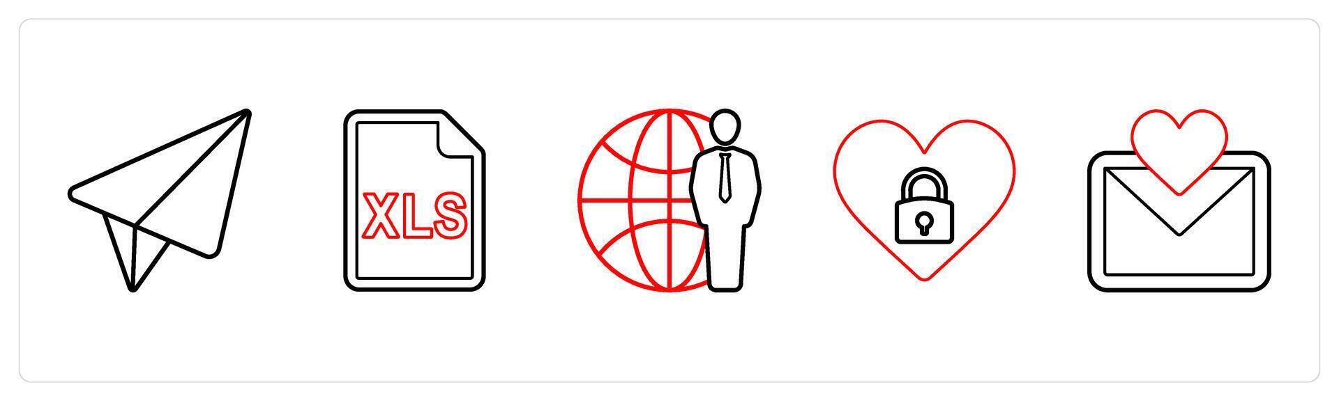 un conjunto de 5 5 mezcla íconos como mensaje, sobresalir hoja, global Servicio en rojo línea color vector