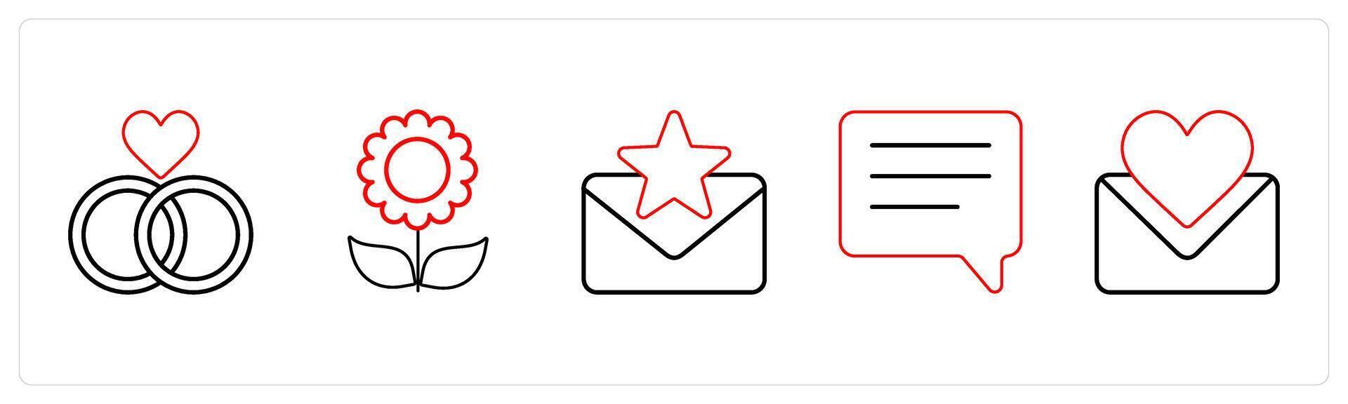 A set of 5 mix icons as relationship, flower, favorite message in red line color vector
