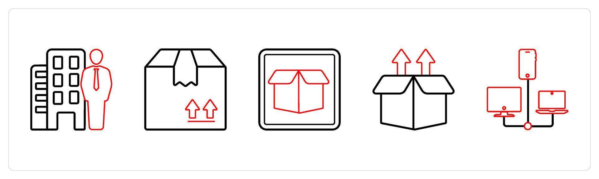 A set of 5 mix icons as property dealer, forward parcel, drop box in red line color vector