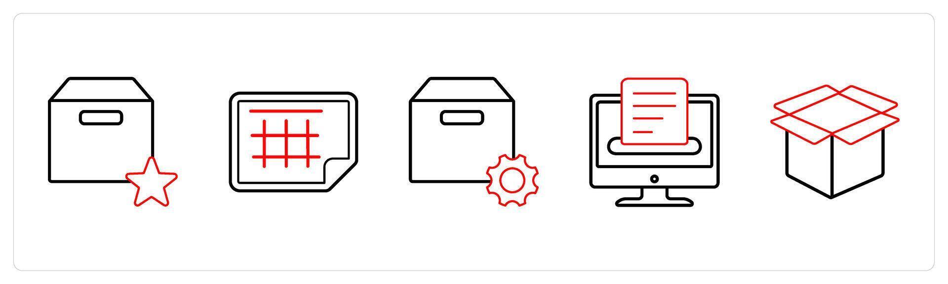 A set of 5 mix icons as favorite box, excel sheet, box setting in red line color vector