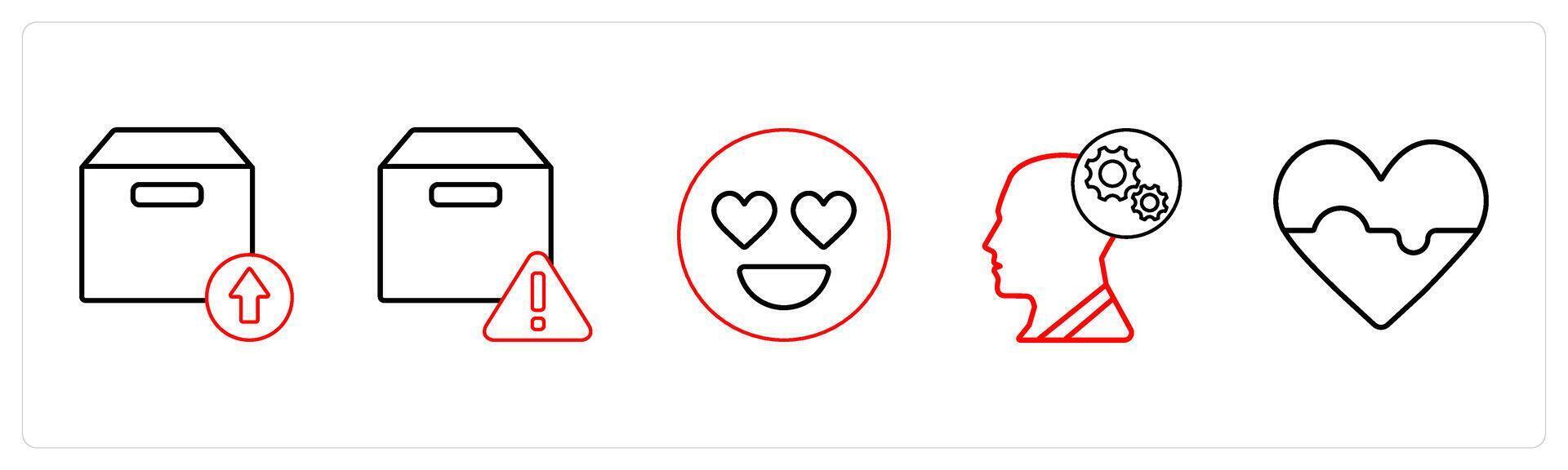 A set of 5 mix icons as upload package, box information, happy in red line color vector