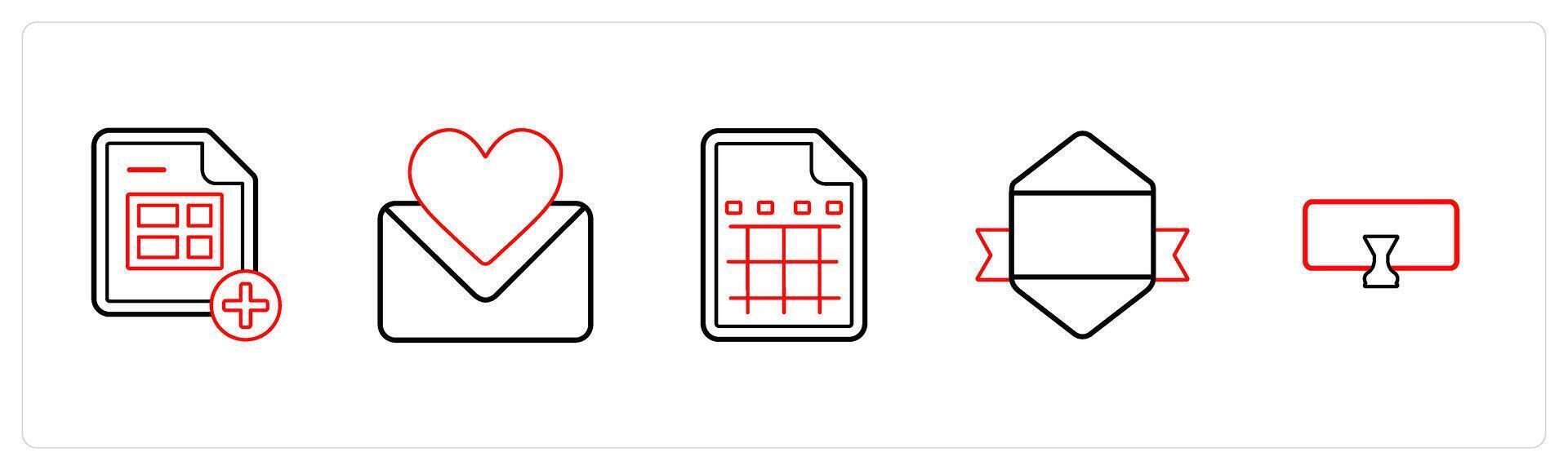 A set of 5 mix icons as add sheet, favorite message, excel sheet in red line color vector