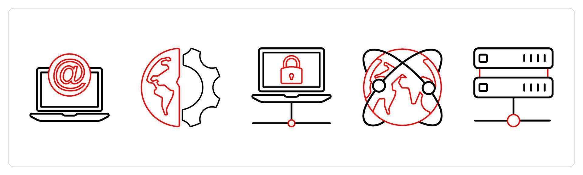 A set of 5 mix icons as mention, global setting, connection in red line color vector