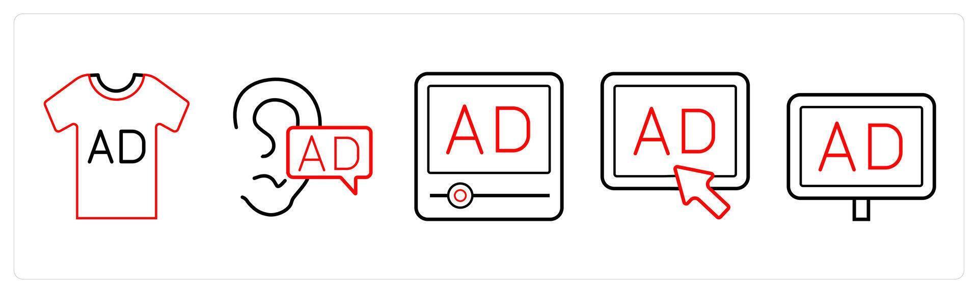 A set of 5 Ads and marketing icons as product ad, viral ad, advertisement in red line color vector