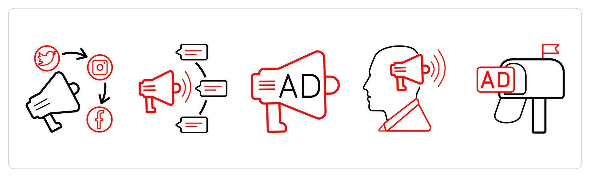 A set of 5 Ads and marketing icons as promotion media, promotion method, media in red line color vector
