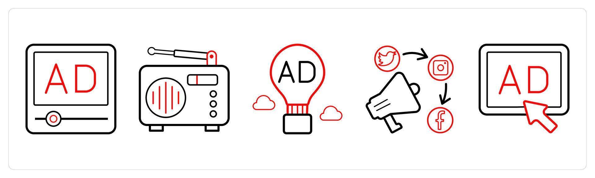 A set of 5 Ads and marketing icons as advertisement, radio ad, balloon ad in red line color vector