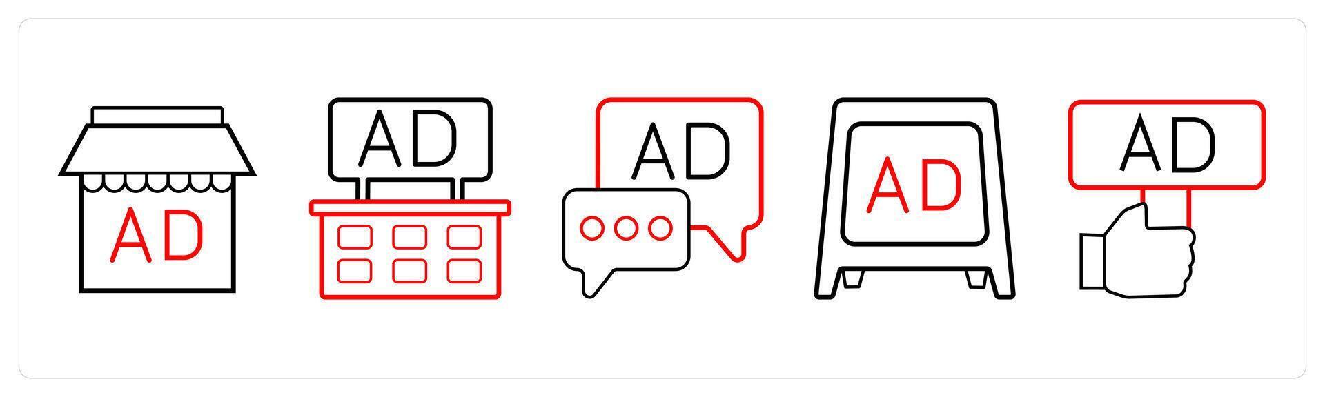 A set of 5 Ads and marketing icons as advertisement store, ad baord, advertisement in red line color vector