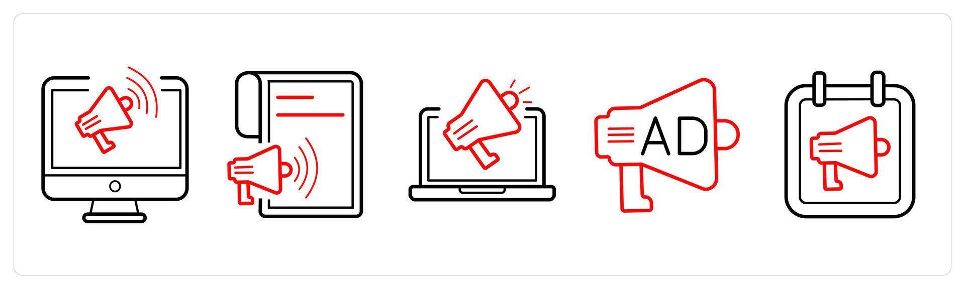 A set of 5 Ads and marketing icons as broadcast, ad newspaper, promotion in red line color vector