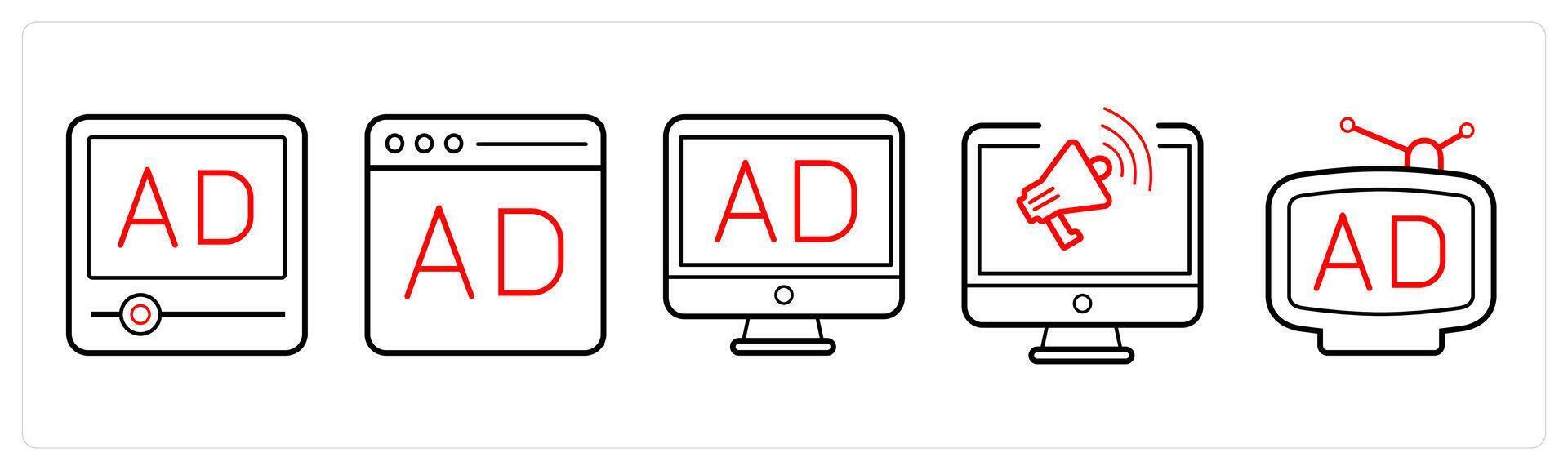 A set of 5 Ads and marketing icons as advertisement, website ad, banner ad in red line color vector