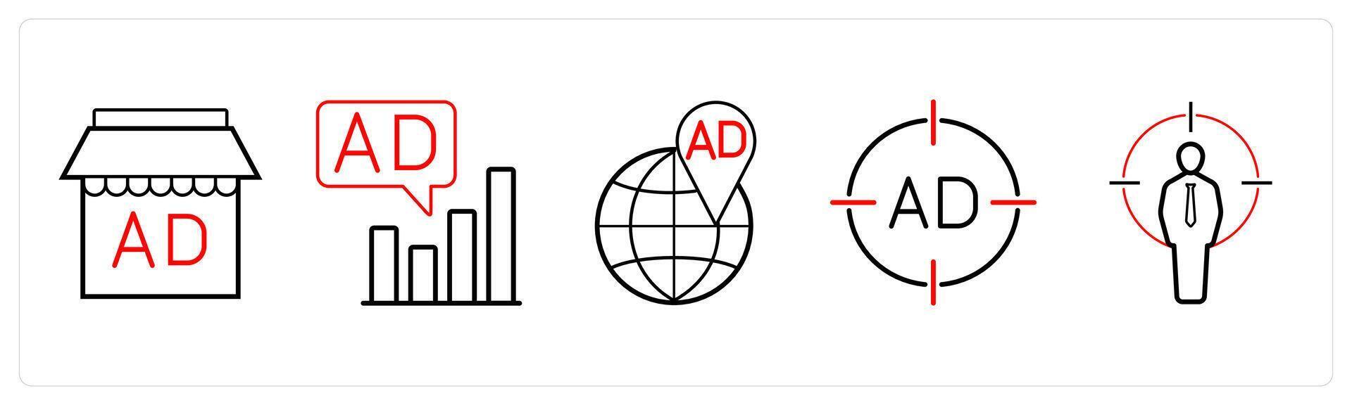 A set of 5 Ads and marketing icons as promotion, broadcast, website ad in red line color vector