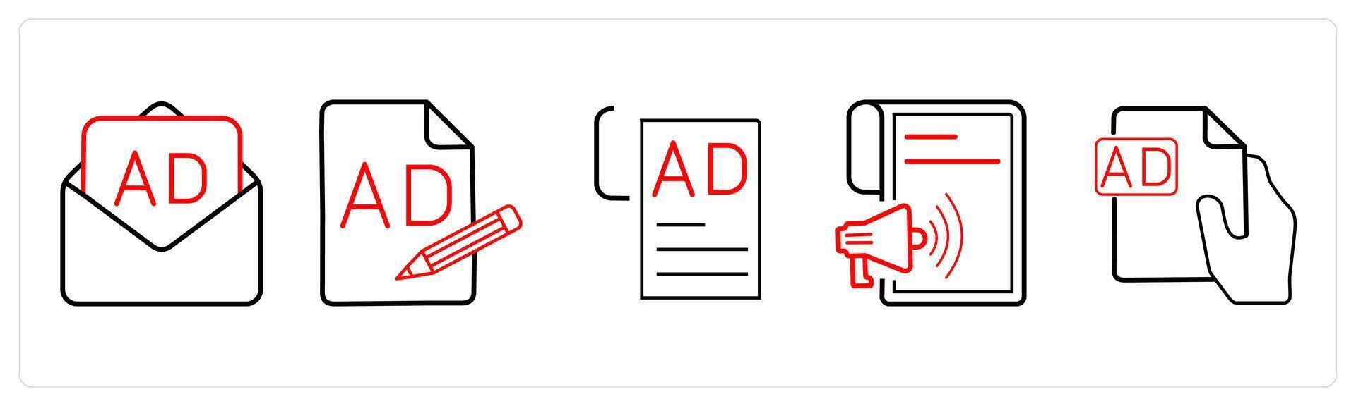 A set of 5 Ads and marketing icons as email advertisement, compose content, ad content in red line color vector