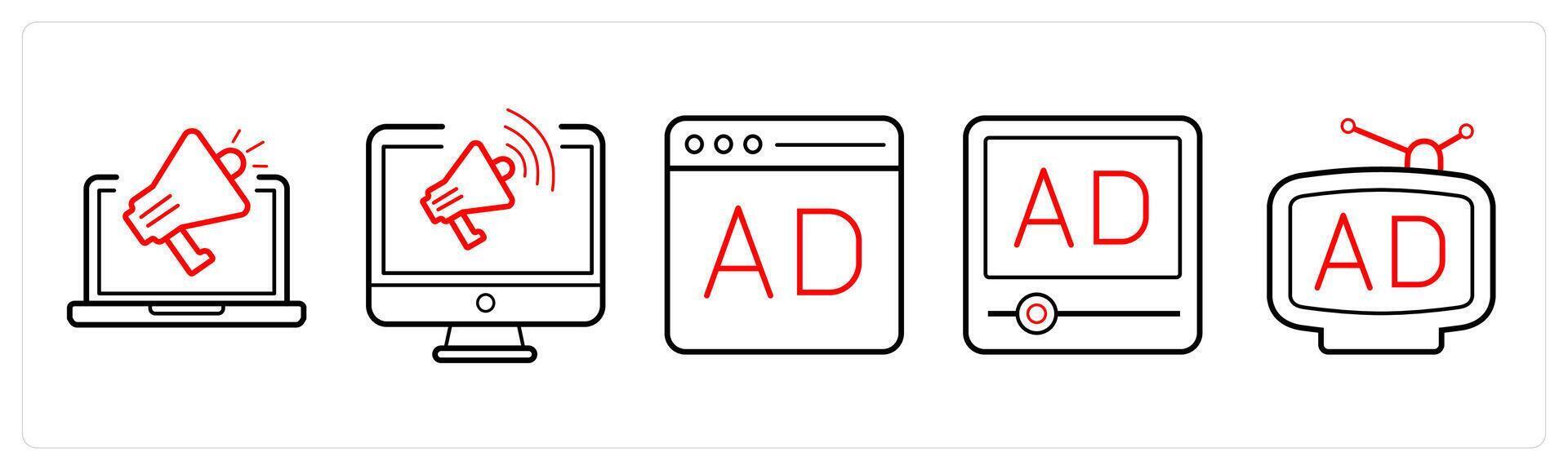 A set of 5 Ads and marketing icons as advertisement store, advertisement graph, global advertisement in red line color vector
