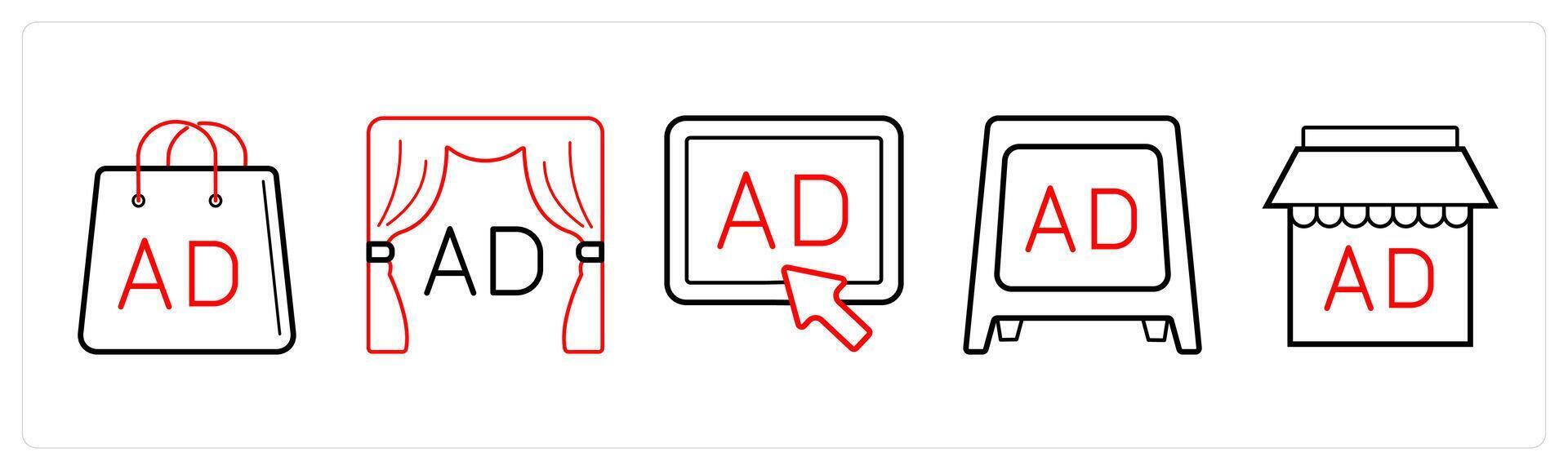 A set of 5 Ads and marketing icons as advertisement bag, advertisement, pay per click ad in red line color vector