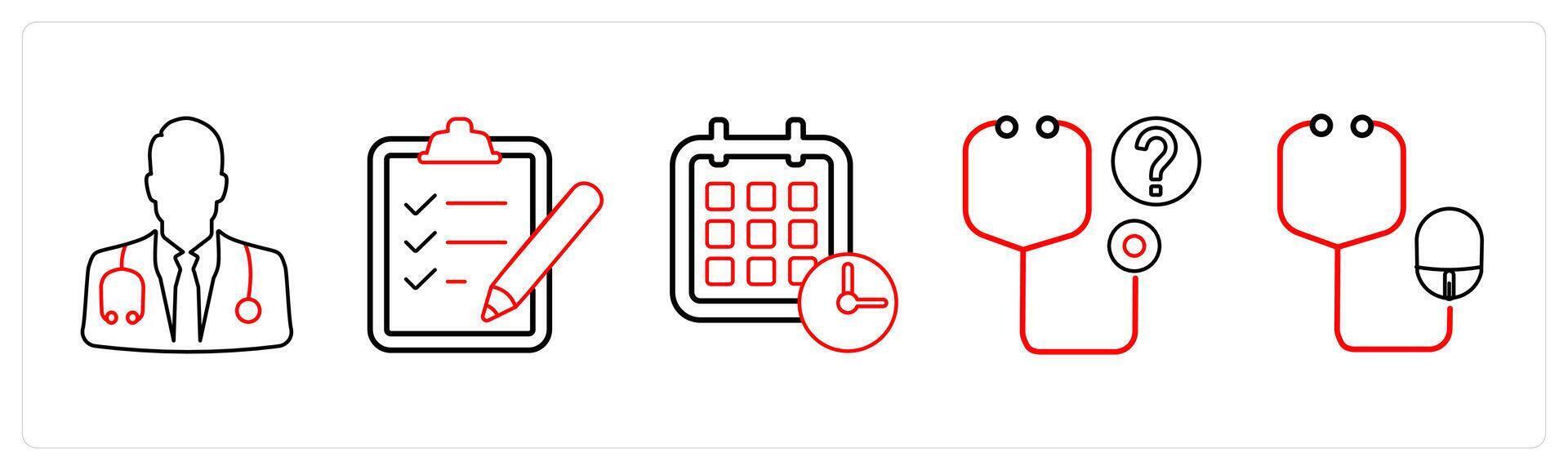 A set of 5 medical icons as doctor, appointment requests, doctor visit day in red line color vector